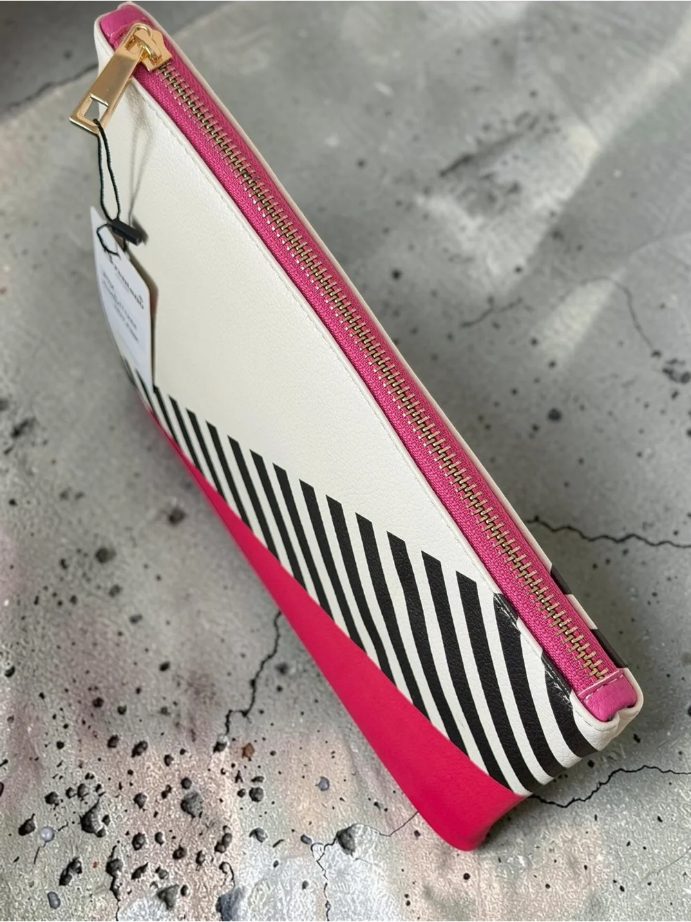Brentano Geometric Vegan Pink Black & White Stripe Zip Clutch